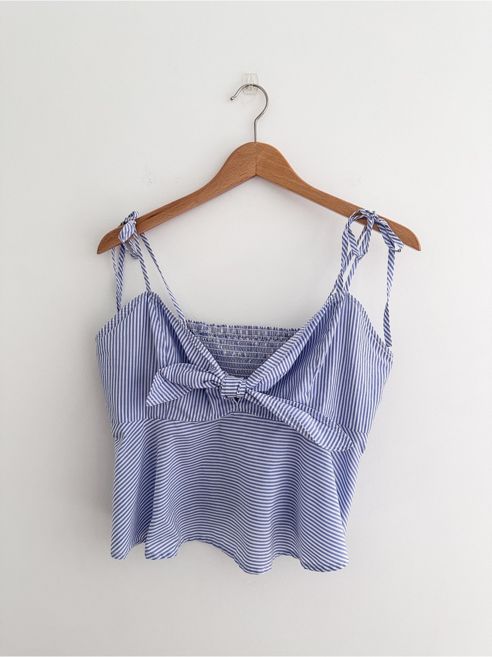 Maeve Anthropologie Blue Stripe Smocked Peplum Top Tie Front Cami Blouse Size 10 - Picture 8 of 8